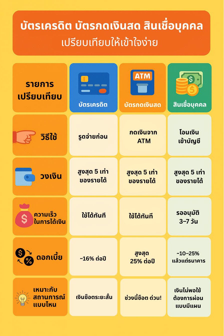 บัตรเครดิต VS บัตรกดเงินสด VS สินเชื่อส่วนบุคคล แบบไหนเหมาะในวันที่ “เงินช็อต”