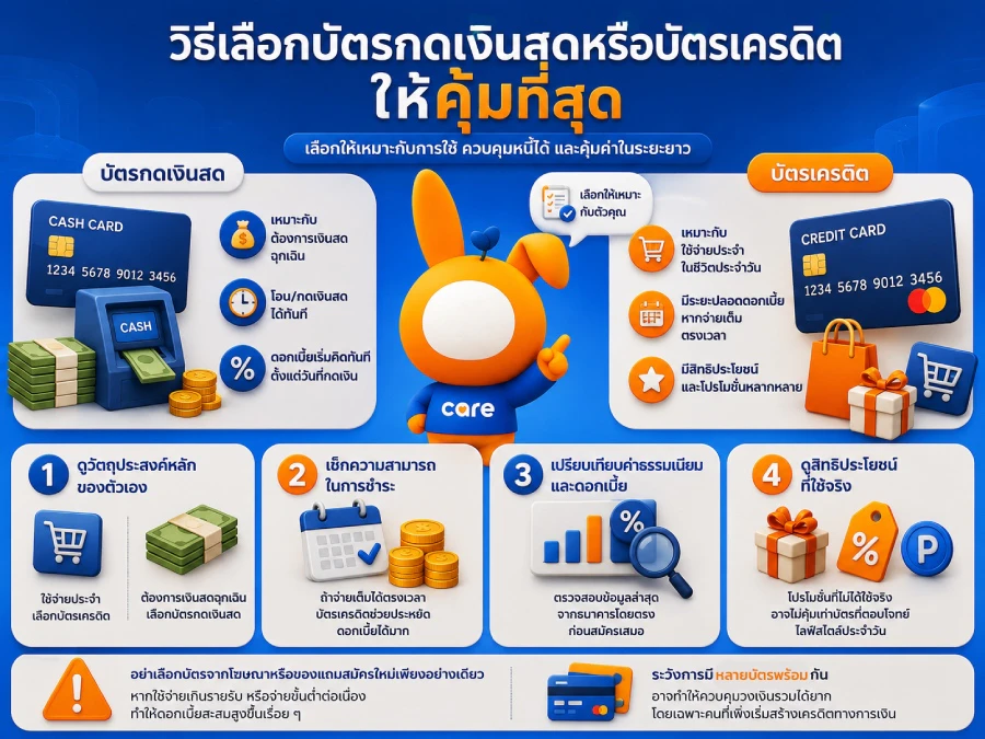อินโฟกราฟิกเปรียบเทียบบัตรกดเงินสด บัตรเครดิต และสินเชื่อส่วนบุคคลแบบเข้าใจง่าย