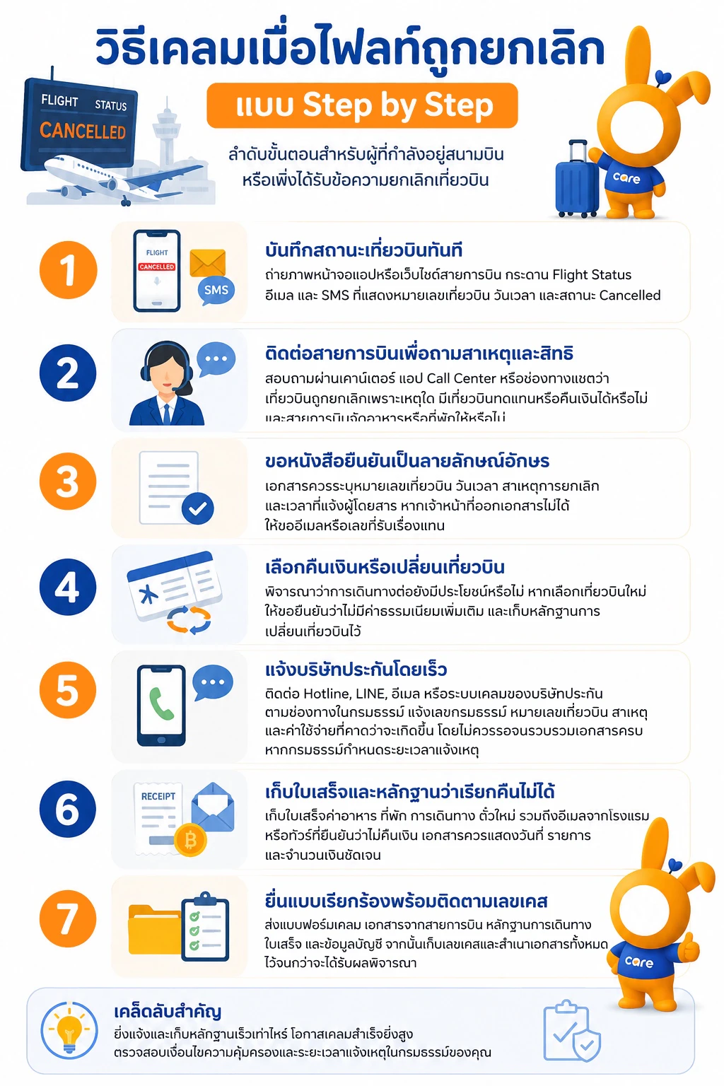 อินโฟกราฟิกขั้นตอนเคลมประกันเดินทางเมื่อไฟลท์ถูกยกเลิกแบบ Step by Step ตั้งแต่บันทึกสถานะเที่ยวบิน ติดต่อสายการบิน ขอหนังสือยืนยัน แจ้งบริษัทประกัน เก็บใบเสร็จและหลักฐาน จนถึงการยื่นเคลมและติดตามผล