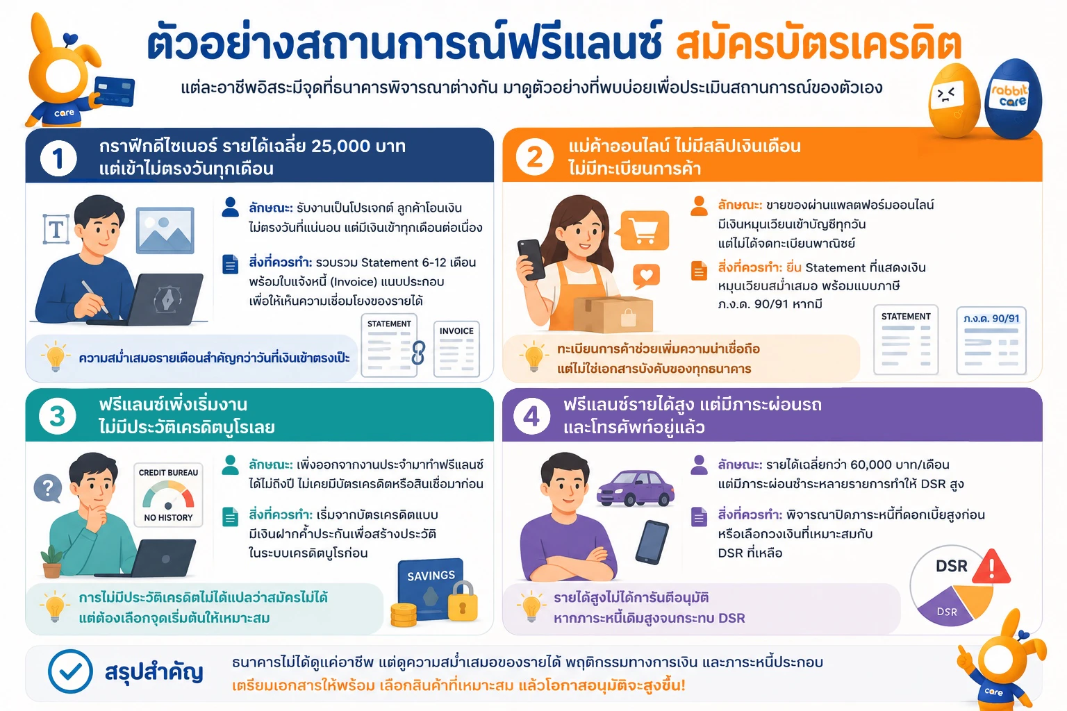 อินโฟกราฟิกตัวอย่างสถานการณ์ฟรีแลนซ์สมัครบัตรเครดิต 4 กรณี ได้แก่ กราฟิกดีไซเนอร์ แม่ค้าออนไลน์ ฟรีแลนซ์เริ่มต้น และฟรีแลนซ์รายได้สูง พร้อมคำแนะนำเรื่อง Statement เอกสารประกอบ ประวัติเครดิตบูโร และการบริหาร DSR เพื่อเพิ่มโอกาสอนุมัติบัตรเครดิต