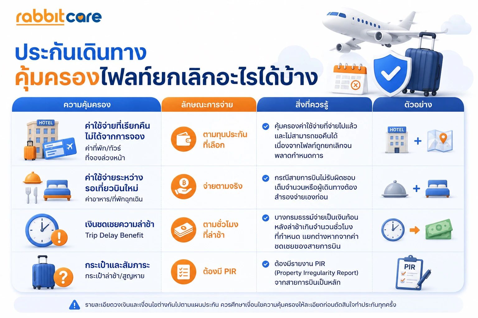 ตารางสรุปความคุ้มครองประกันเดินทางกรณีไฟลท์ยกเลิก แสดงค่าใช้จ่ายที่สามารถเคลมได้ เช่น ค่าที่พัก ค่าเดินทาง ค่าอาหาร และค่าใช้จ่ายที่ไม่สามารถเรียกคืนได้ พร้อมเงื่อนไขการคุ้มครองโดยละเอียด